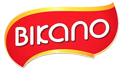 The Bikan logo, featuring the word 'BIKANO' in white rounded letters on a red, wave-shaped background with a gold border, set against a light cream background.